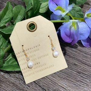 Anthropologie Dangle Pearl Cubic Gold Earrings